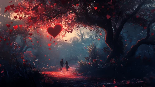 Luminescent Hearts Through Enchanted Forest Tunnel.