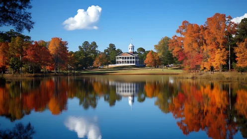 Lakeside building stands amid symmetrical autumn tree reflections
