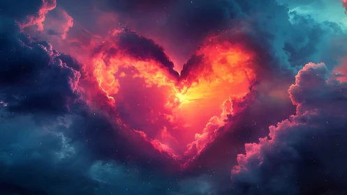 Fiery Heart Glowing in Cosmic Sky.
