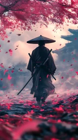 Lone samurai wanders beneath a storm of scarlet leaves.