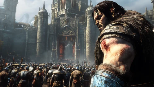 Battle-scarred orc warlord before besieged stone fortress.