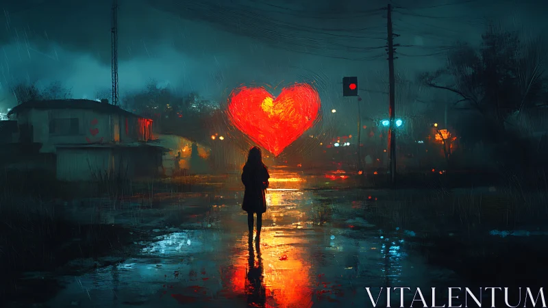 Solitary Heart: Rain-Soaked Urban Vigil.