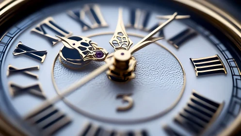 Gilded Roman numeral clock face in extreme close-up view.