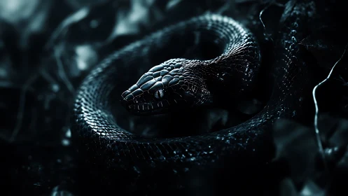 Black snake coiled in dark foliage under cold blue light.