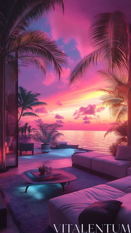 Luxurious ocean terrace under neon-gradient synthetic sunset lighting