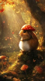 Tiny forest wanderer in a mushroom cap hat at dusk.