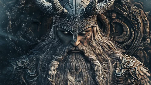 Storm-eyed Viking warlord in ornate horned helm portrait.