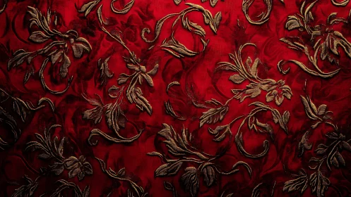 Ornate red jacquard textile with baroque floral gold embroidery