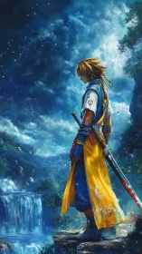 Sword-bearing wanderer surveys luminous waterfall basin at dusk