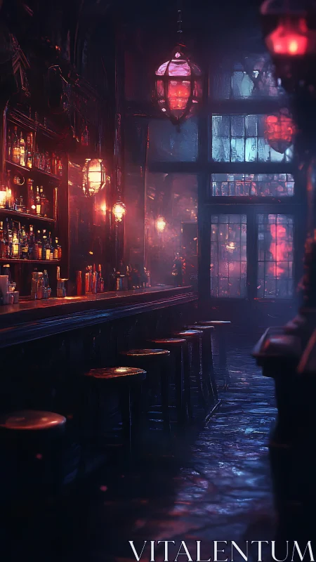 Narrow bar interior with red lantern lighting and wet floor.