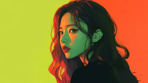 Digital portrait of woman against divided color background.