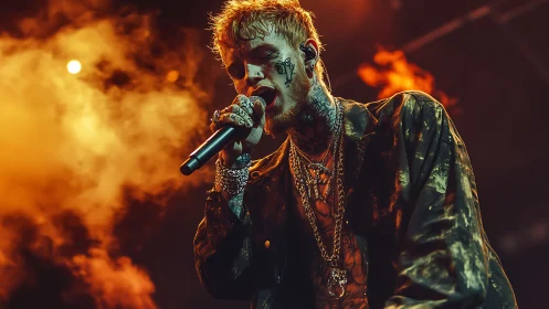 Tattooed vocalist under amber stage haze with dramatic backlight