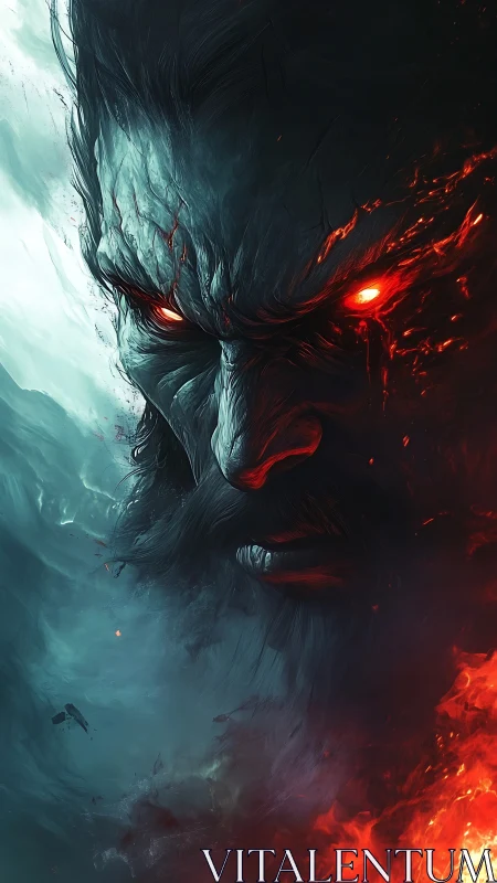 Fierce elemental warrior with glowing eyes in fire and ice.