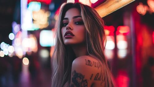 Tattooed woman glows under neon city lights at night.