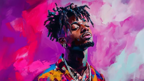 Vibrant digital portrait of man against neon pink sky.