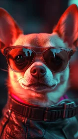 Chihuahua in sunglasses and leather jacket under neon light.