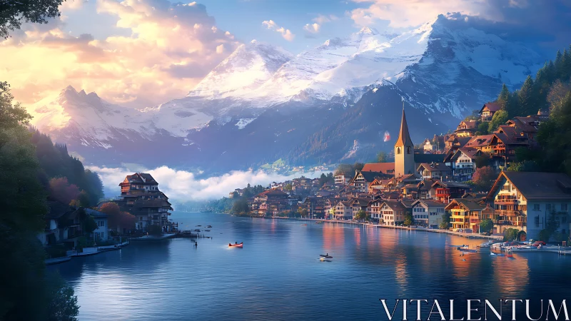 Sunlit lakeside village resting beneath glowing alpine peaks.