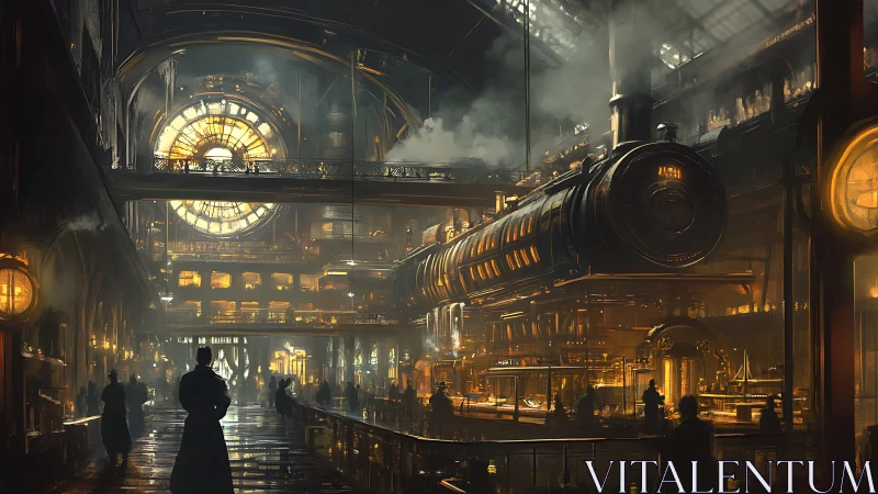 Steampunk railway hall with suspended locomotive and clock.