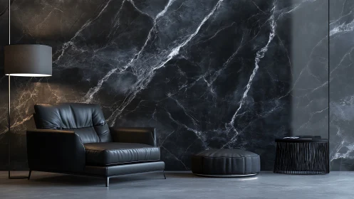 Monochrome lounge with black marble wall and leather seating ensemble