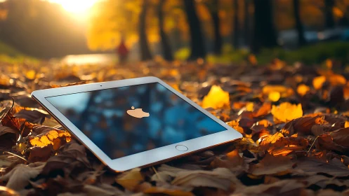 White iPad Resting Among Autumn Leaves in Golden Hour.