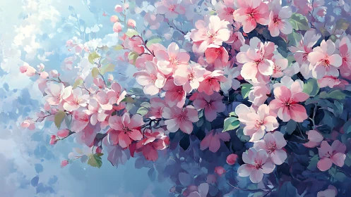 Soft Pink Blossoms Against Misty Blue Skies