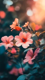 Soft-petaled flowers in warm golden light with bokeh.