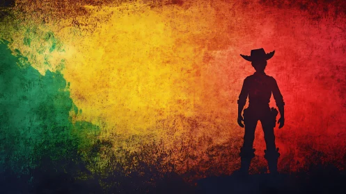 Cowboy silhouette stands against fiery textured sunset sky.