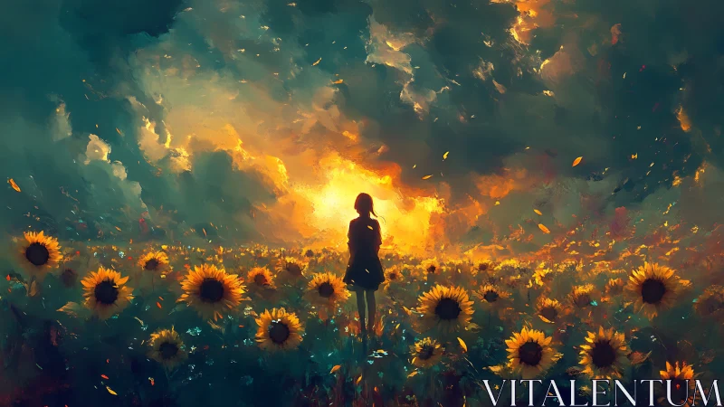 Girl standing in sunflower field under fiery sunset sky.