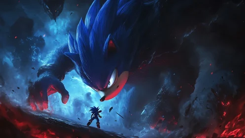 Colossal blue creature confronting tiny hero amid fiery rift