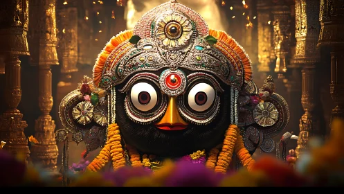 Ornate Jagannath deity sculpture in richly lit temple hall.