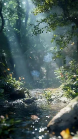 Forest Stream with Dappled Sunlight and Flowing Water