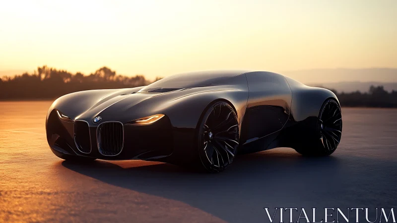 Black BMW concept car sits on open pavement at sunset