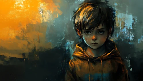 Melancholic boy in hooded sweatshirt amid abstract light field.