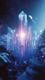 Vertical crystal cluster in illuminated cavern environment.