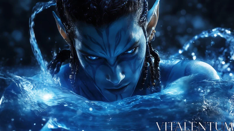 Blue alien warrior in water with intense glowing gaze.