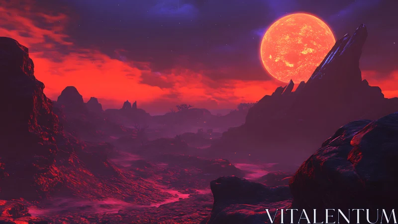 Crimson alien canyon under burning red supermoon sky.
