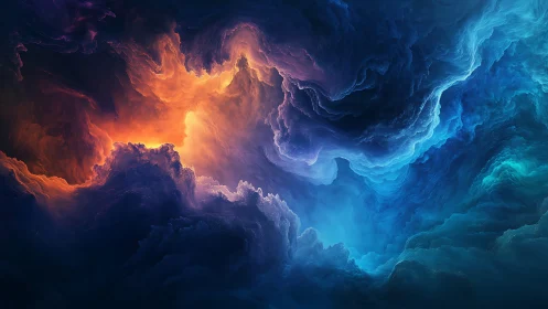 Nebula clouds collide in vivid orange and blue vortex