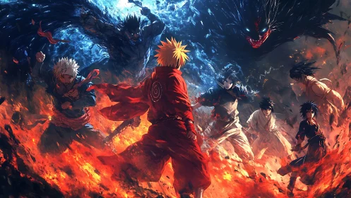 Fiery ninja hero stands between rivals in a storm of power