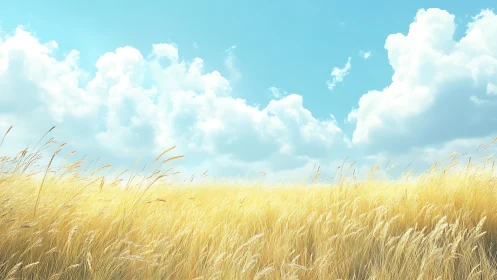 Golden wheat field sways softly beneath bright summer clouds.