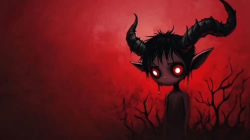 Horned demon child stands in red background with branches