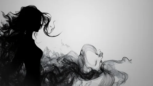 Whispering silhouette drifts into swirling black ink mist