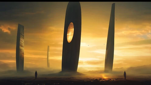 Monolithic sunrise portal with monumental sci fi silhouettes.