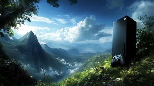 Console tower rises over lush fantasy mountainscape at dawn.