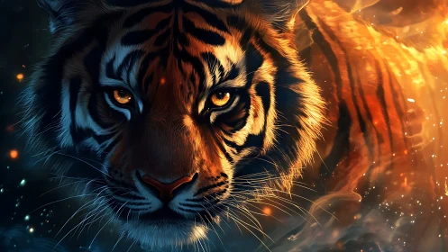 Close frontal view of tiger face amid glowing warm light.