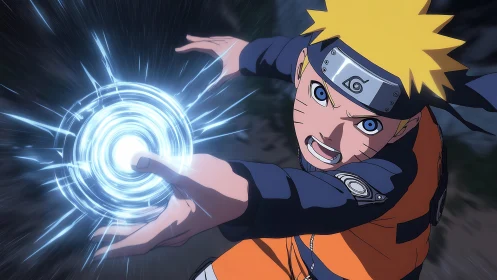 Blond ninja unleashes spiraling blue energy attack mid-charge