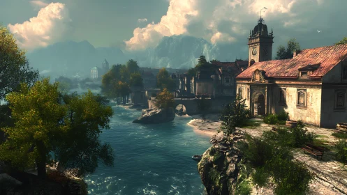 Digital rendering of riverside European village with atmospheric perspective and architectural geome