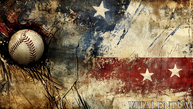 Grunge digital painting of baseball with distressed US flag field.