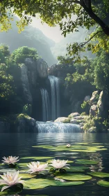 Tranquil forest waterfall with lilies on reflective pond.