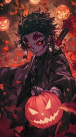 Moody pumpkin guardian roaming a fiery Halloween night.