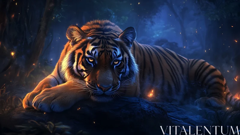 Digital rendering depicts resting tiger in blue forest light